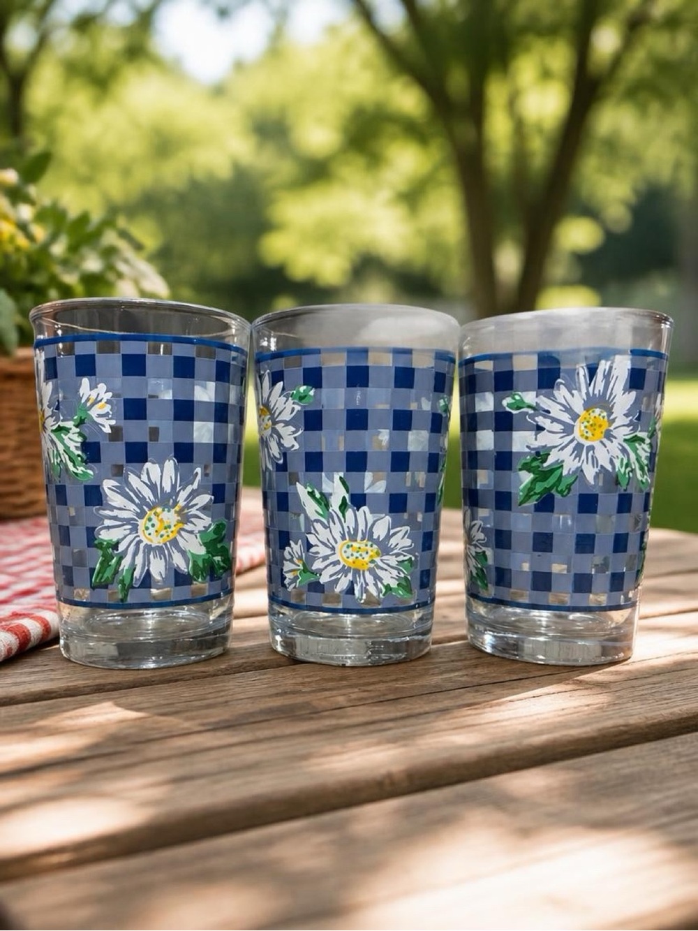 3 KIG Indonesia Blue Gingham and Daisies Juice Glasses-Vintage Drinkware